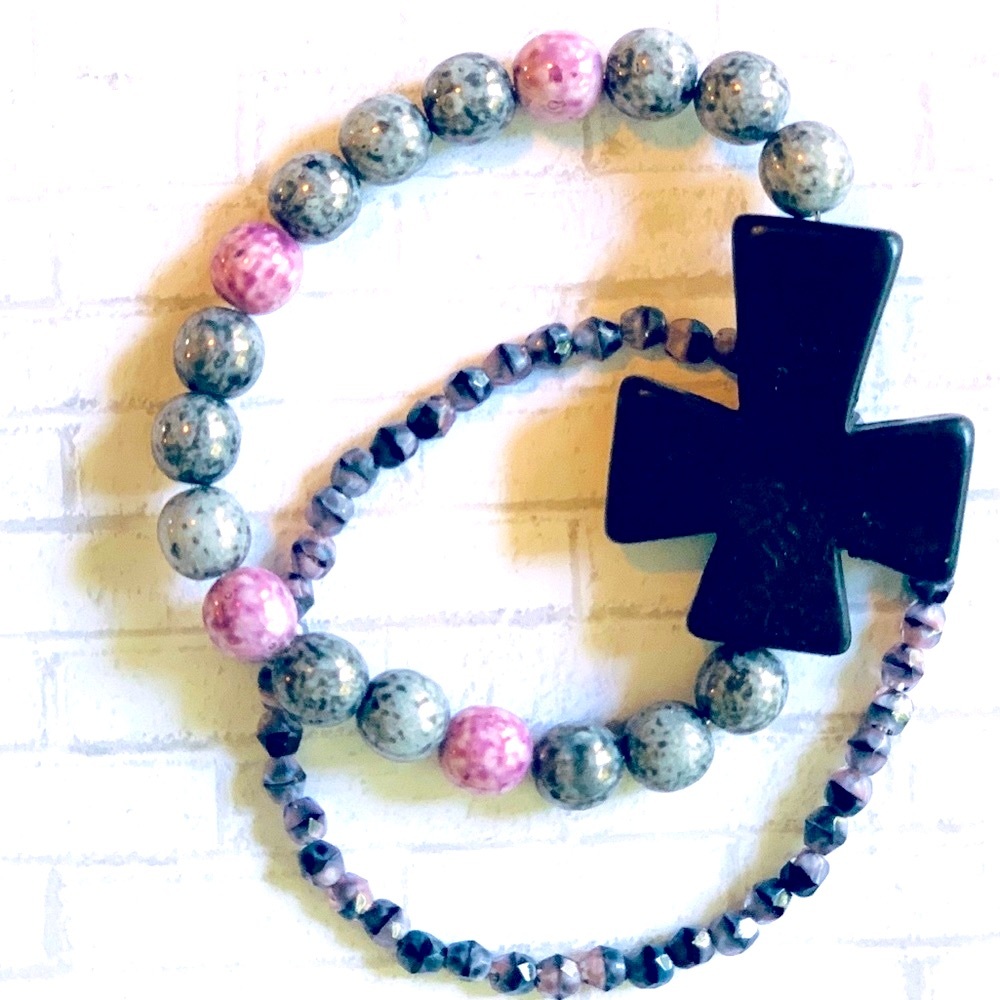 NEW, Anthropologie, Beaded Bracelet with Black Cross Charm, Set Of 2